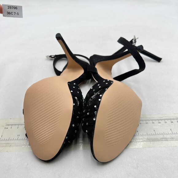 XYD Black Stiletto High Heel Ankle Strap Crystal Studs Sheer Mesh Knotted Sandal - Picture 7 of 8